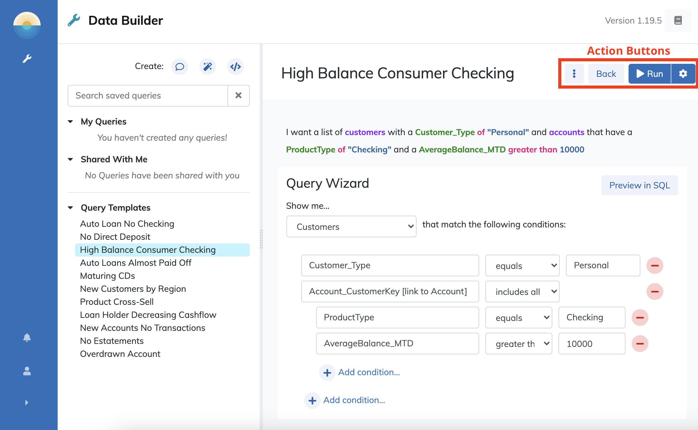 Data explorer action buttons