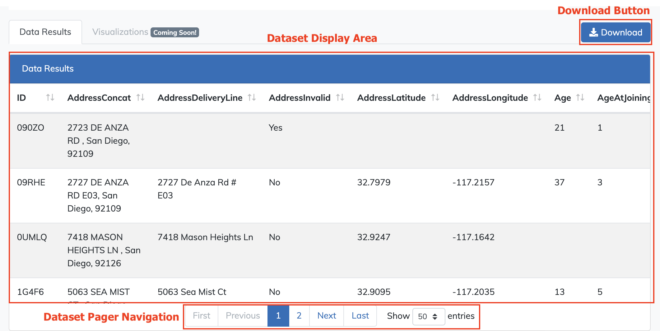 dataset display area