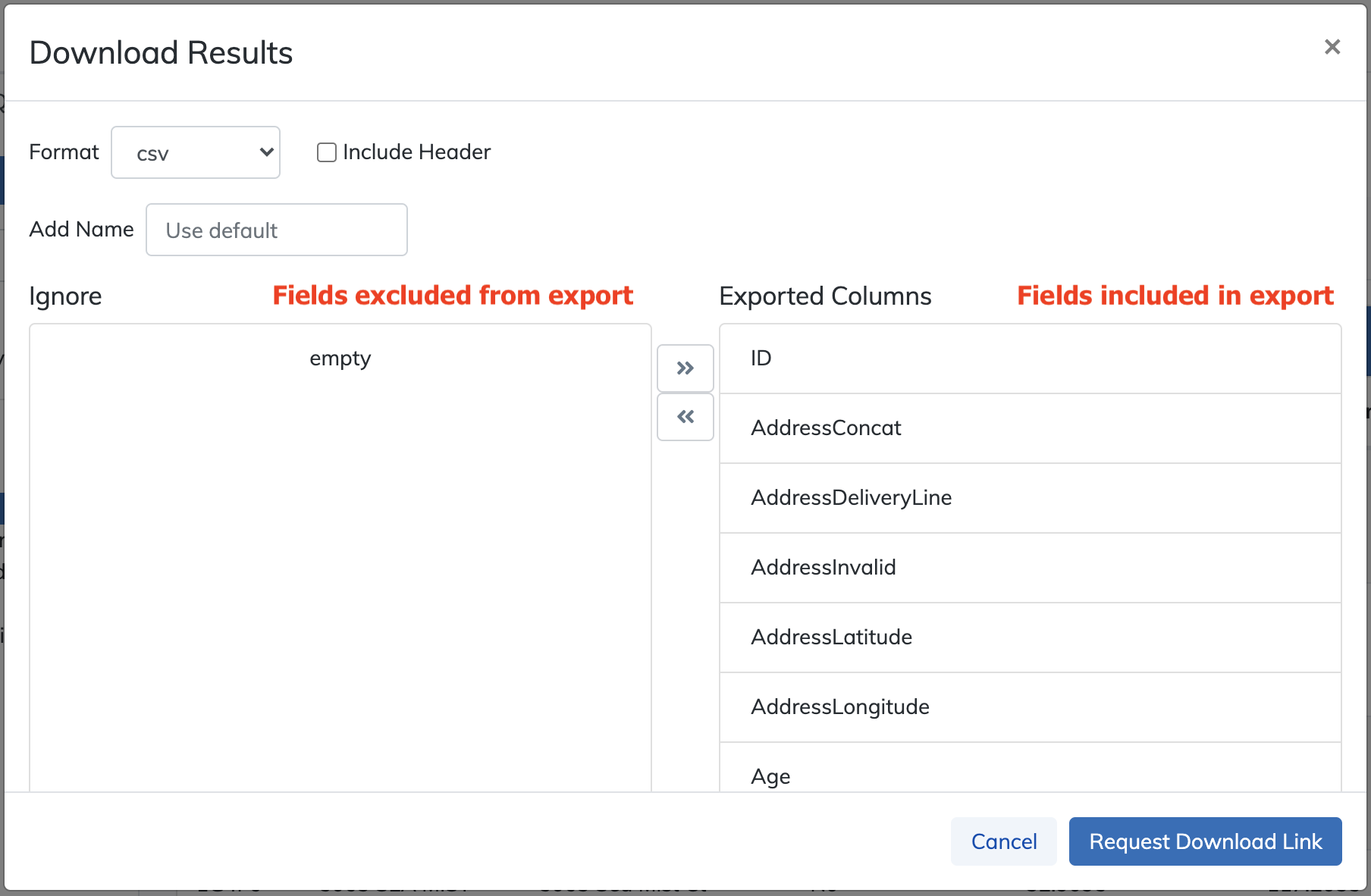 Download options modal